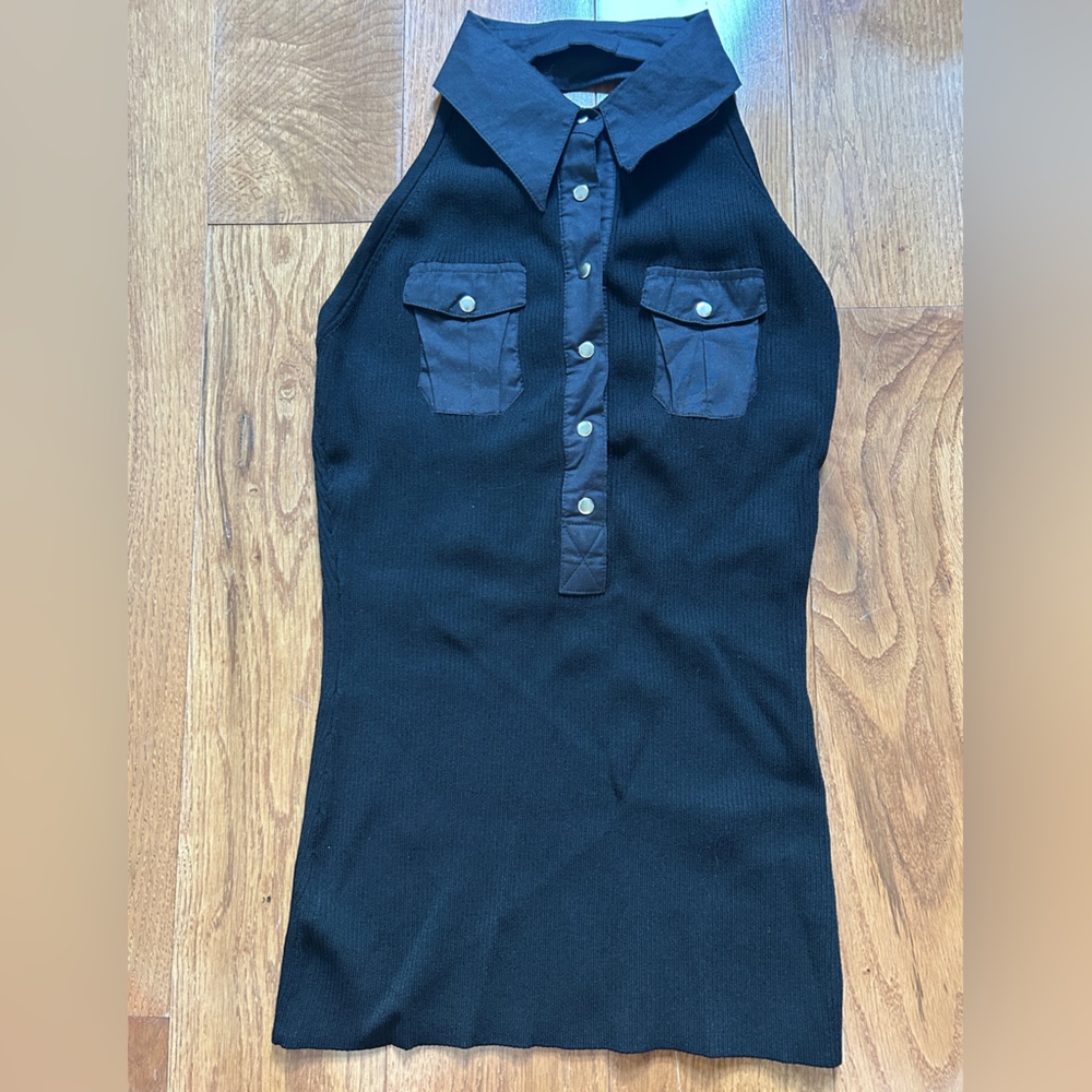 Black Button-Up Collared Halter Top backless
